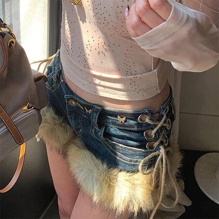 2000s Fur Trim Denim Shorts - Image 4