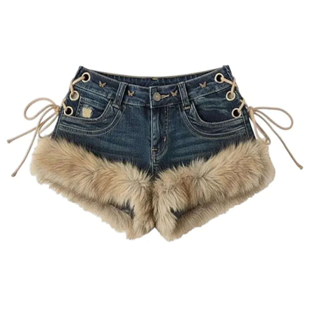 2000s Fur Trim Denim Shorts - Image 6