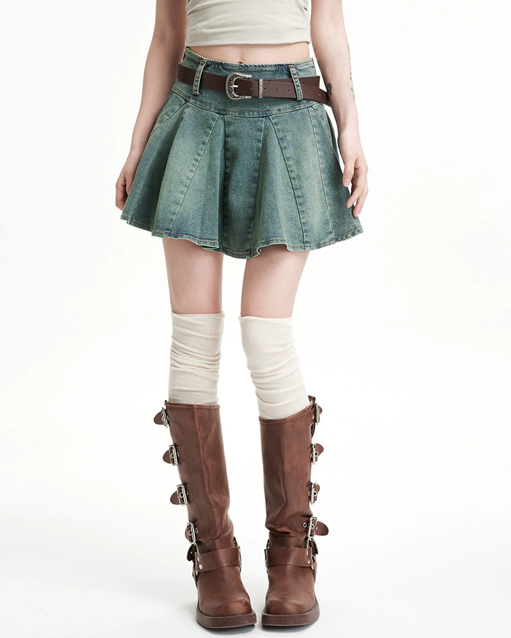 90s Grunge Pleated Denim Mini Skirt - Image 2