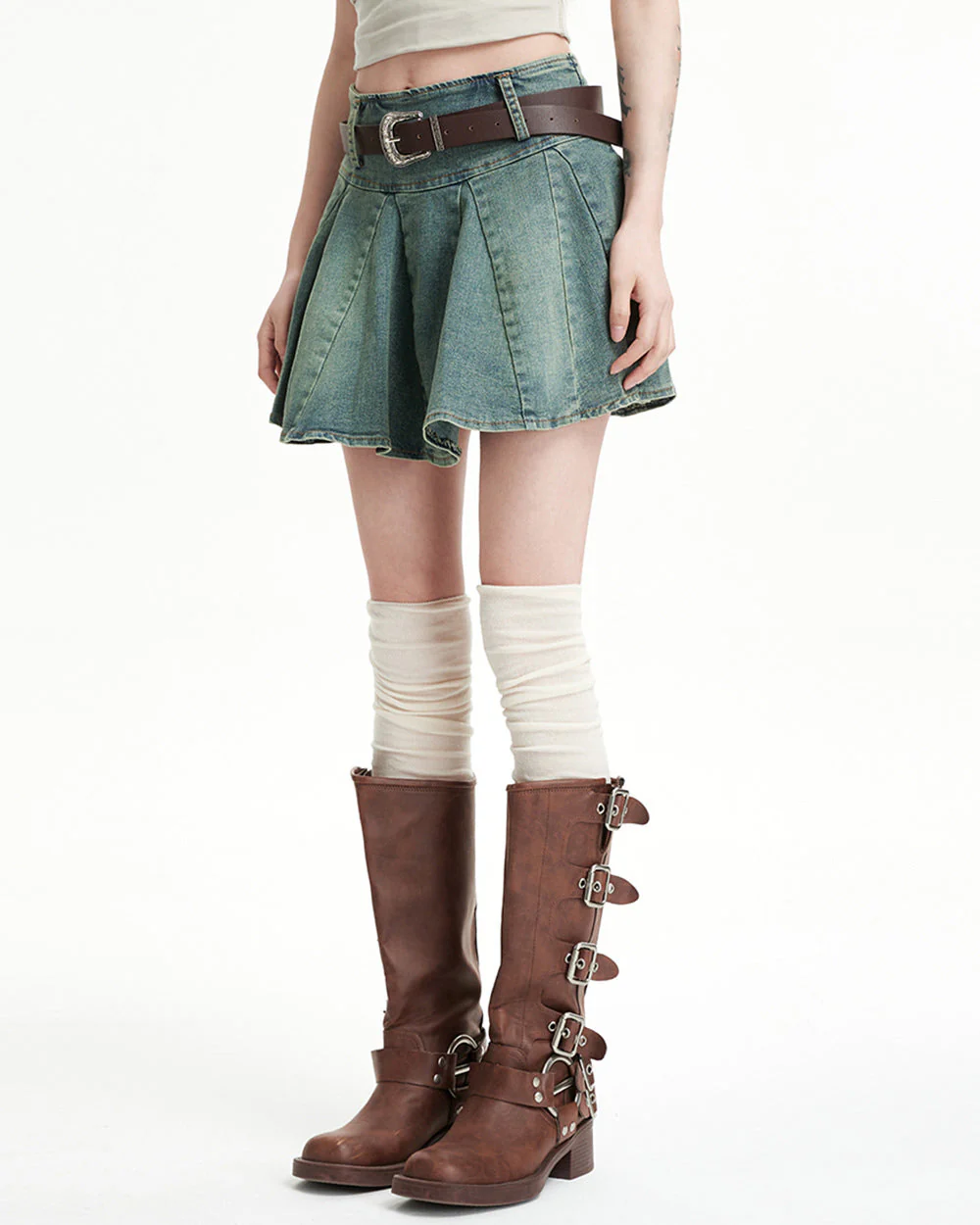 90s Grunge Pleated Denim Mini Skirt - Image 3