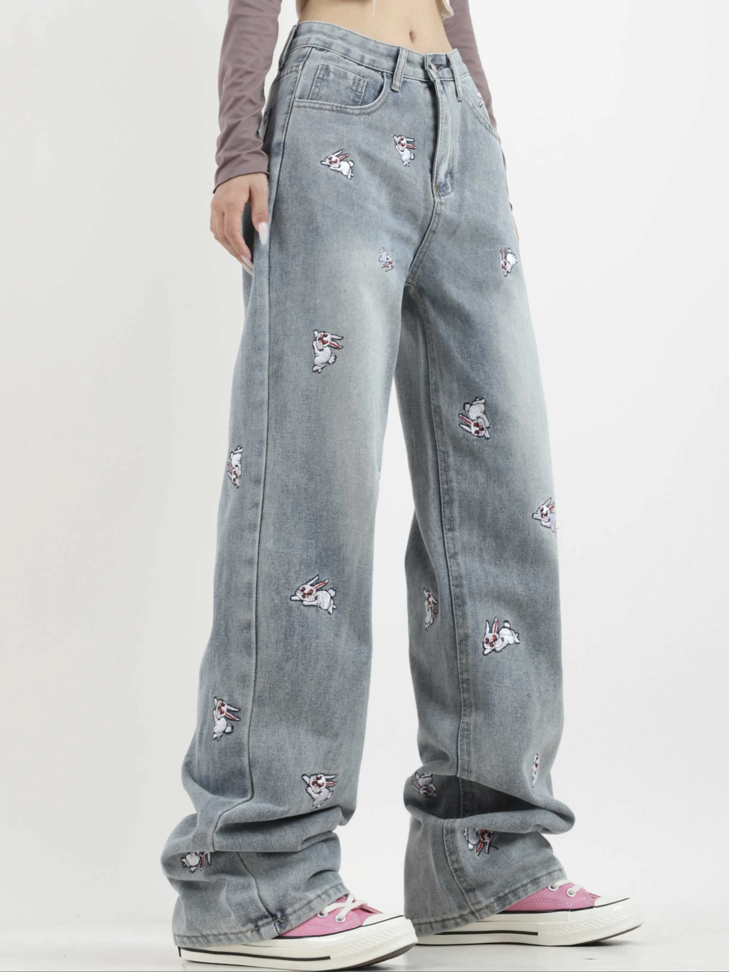 Acubi Cute Blue Rabbit Embroidered Jeans