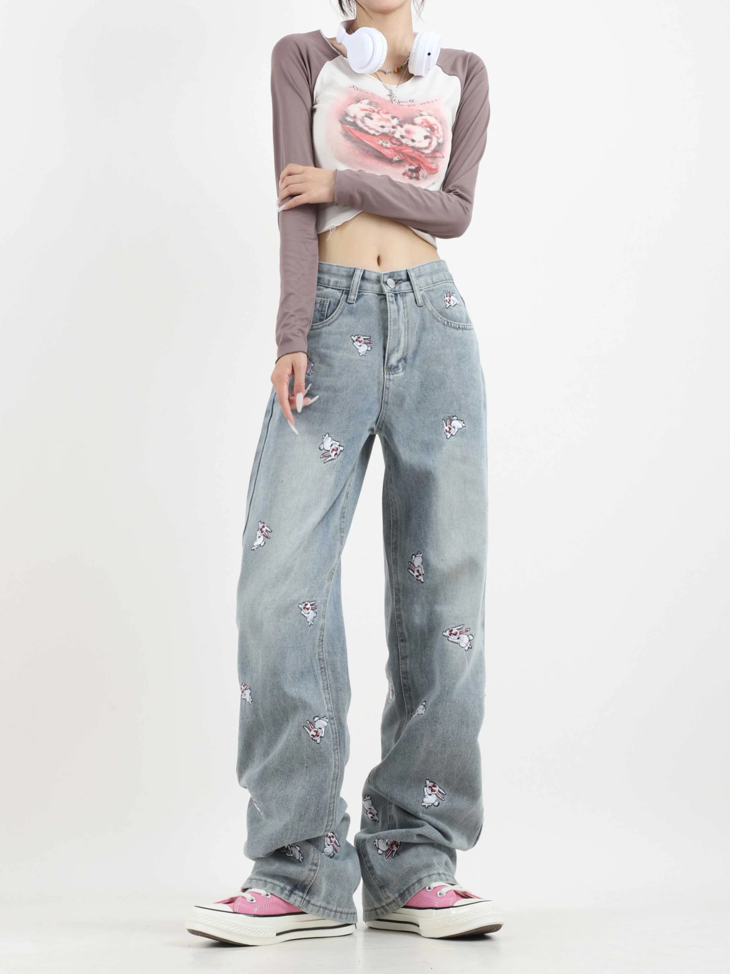 Acubi Cute Blue Rabbit Embroidered Jeans - Image 4