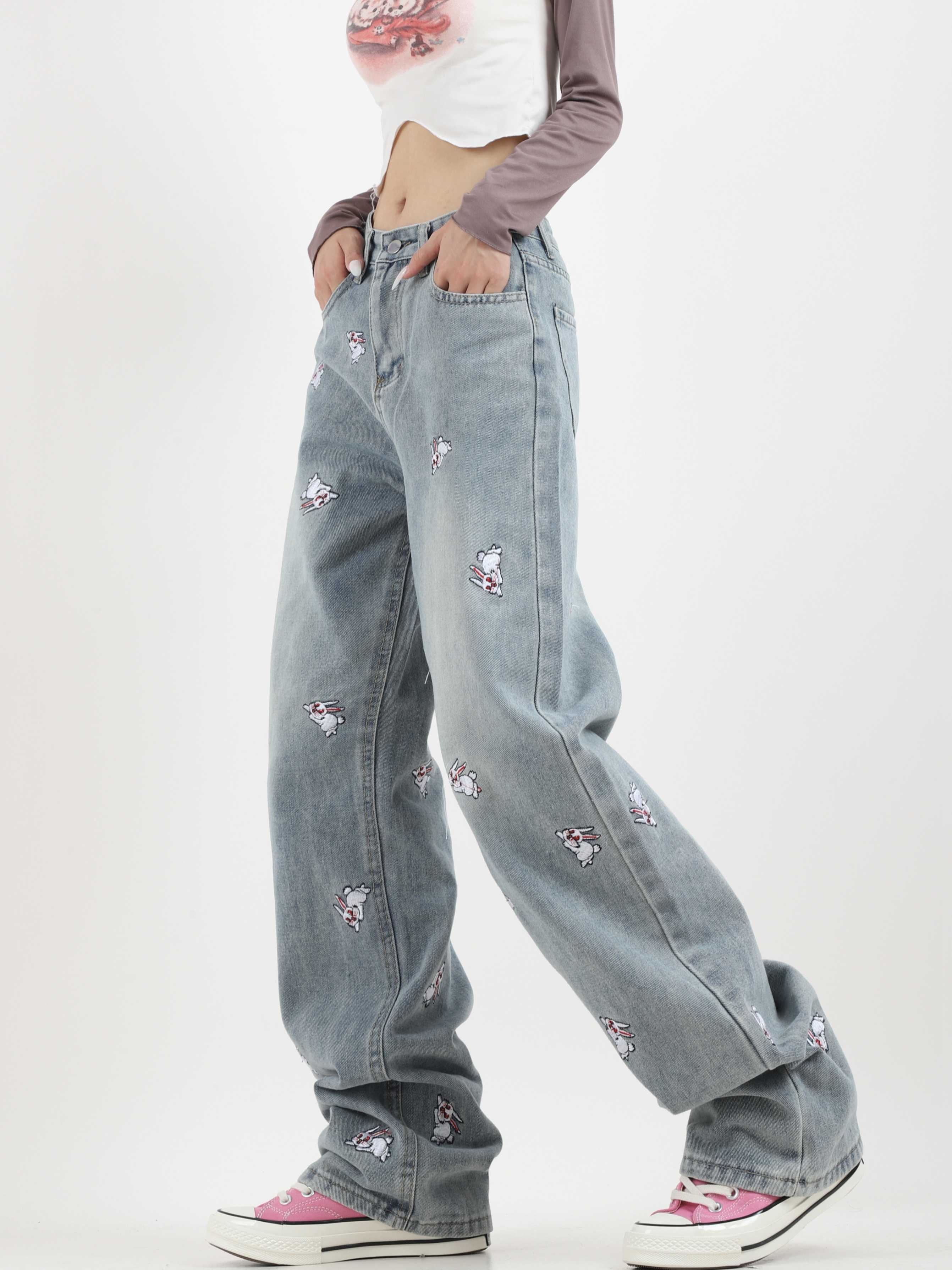 Acubi Cute Blue Rabbit Embroidered Jeans - Image 6