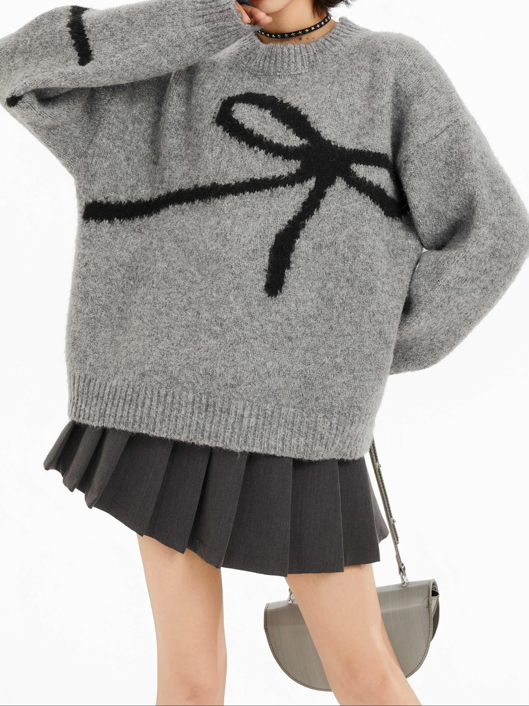 Acubi Gray Bow Round Neck Sweater - Image 3