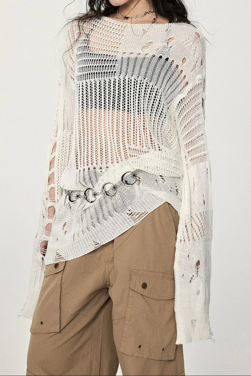 Acubi Hollow Long-sleeved Knitted Blouse - Image 2
