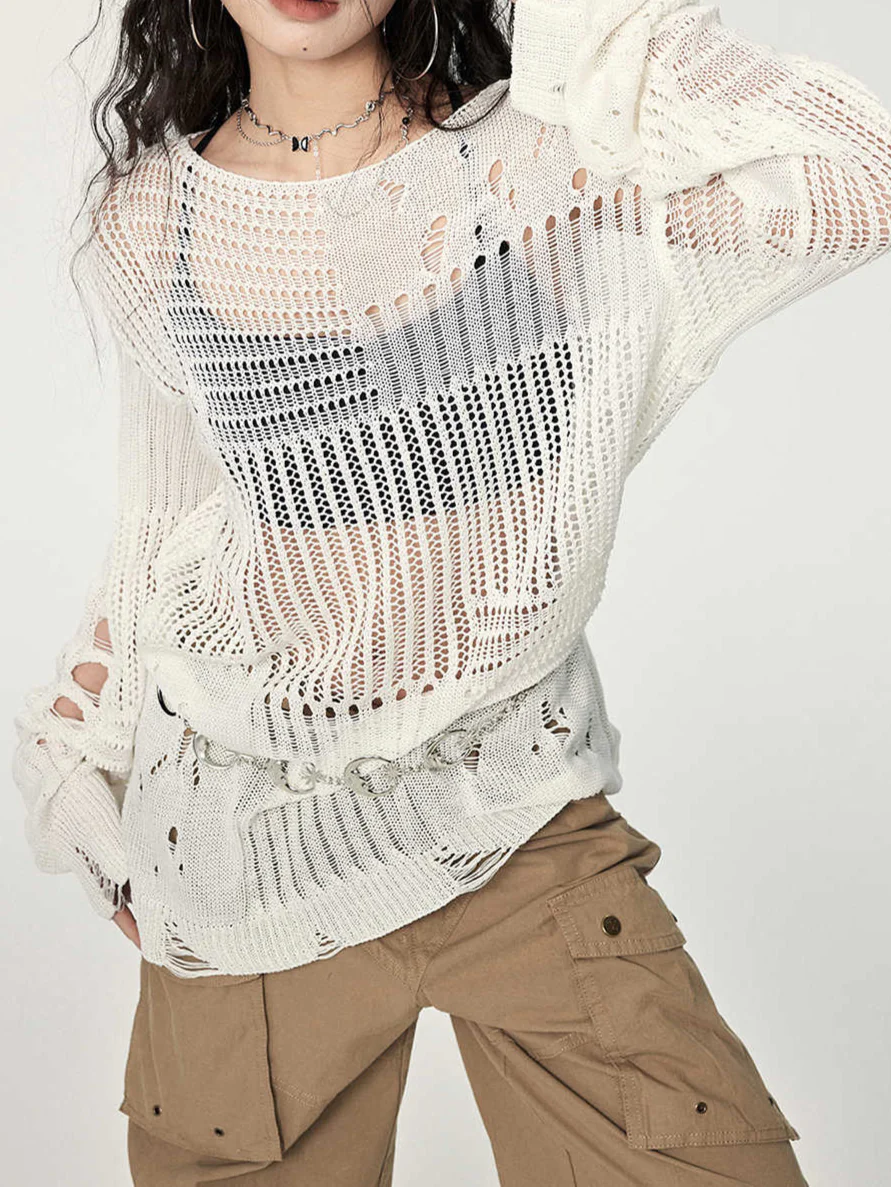 Acubi Hollow Long-sleeved Knitted Blouse - Image 4