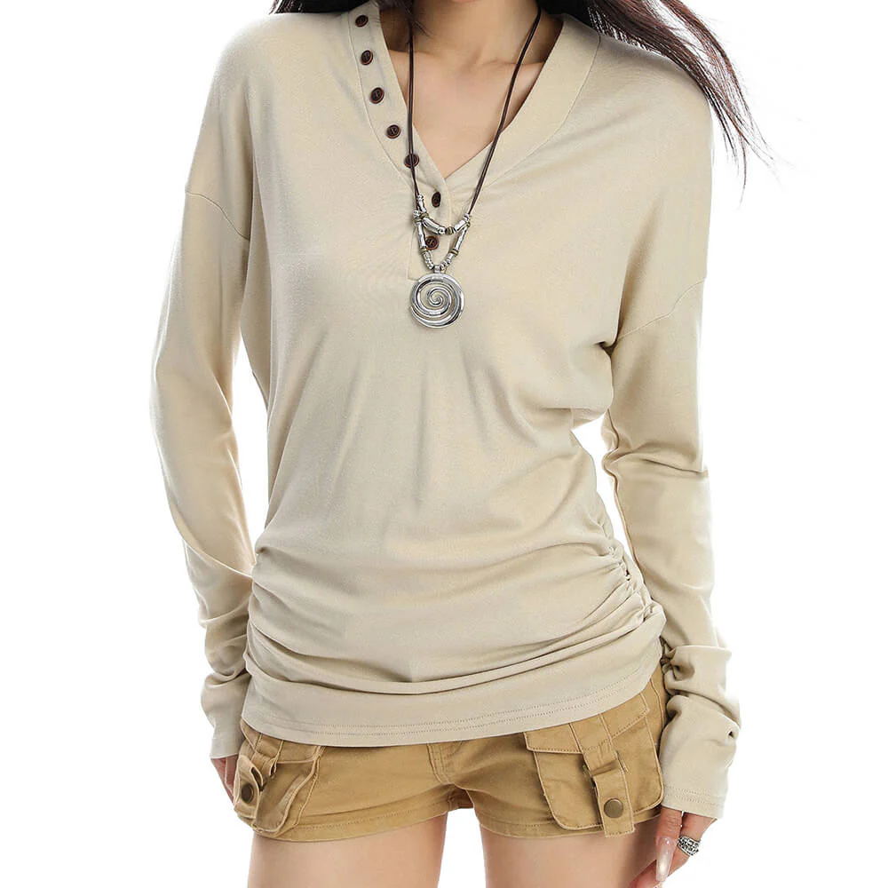 Aesthetic Loose Fit Button V-Neck Top - Image 3