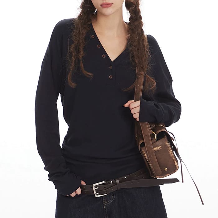 Aesthetic Loose Fit Button V-Neck Top - Image 5