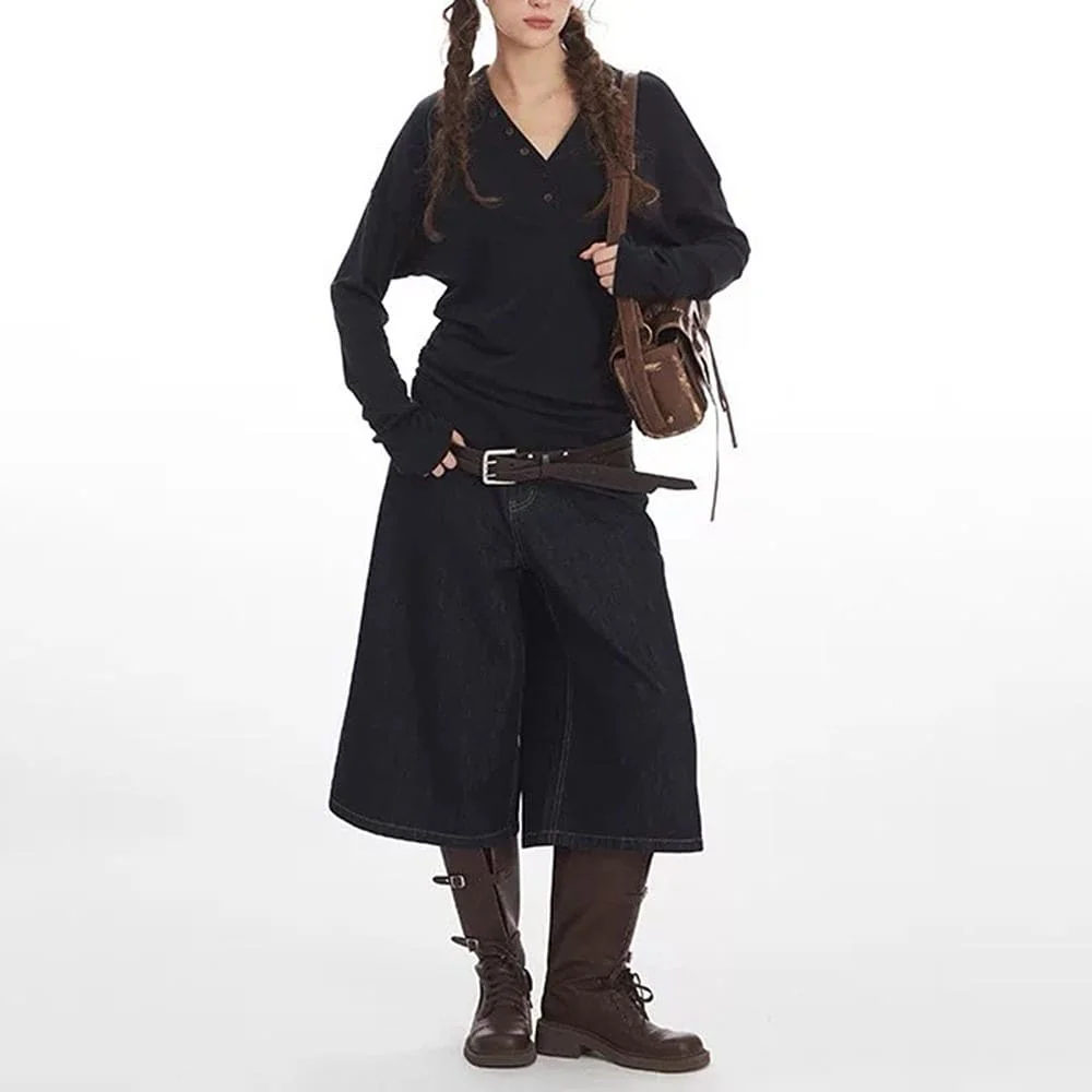 Aesthetic Loose Fit Button V-Neck Top - Image 7