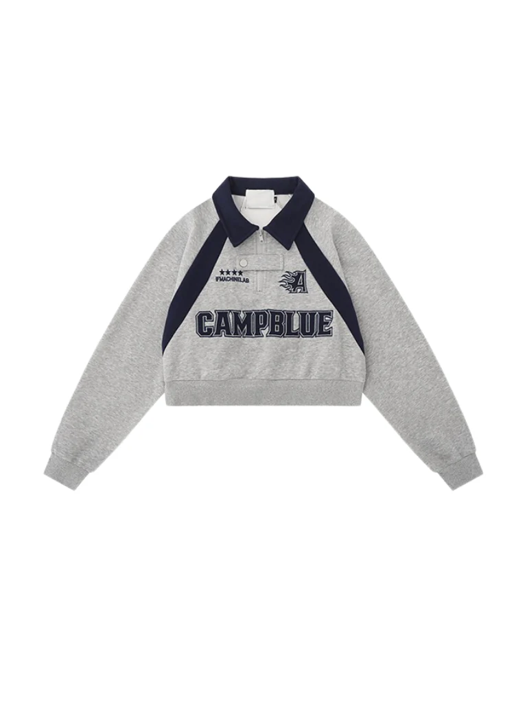 American Retro Block Color Polo Collar Loose Sweatshirt - Image 11