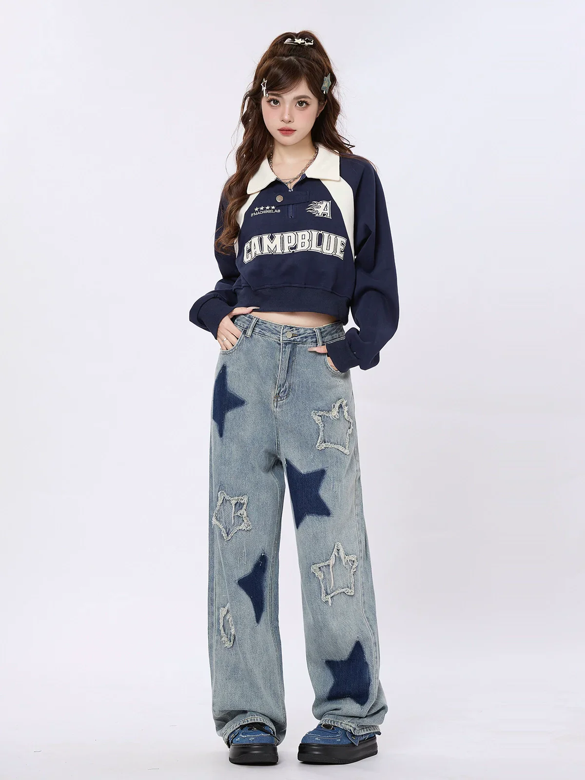 American Retro Block Color Polo Collar Loose Sweatshirt - Image 8