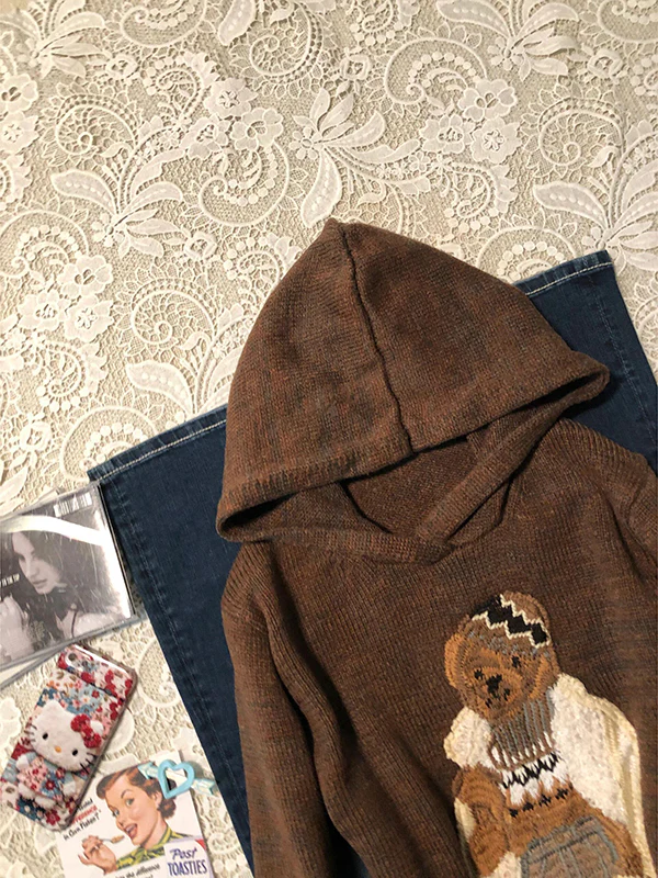 American retro brown bear embroidered hooded sweater - Image 2