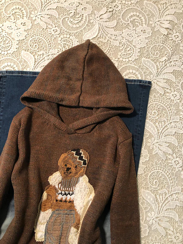 American retro brown bear embroidered hooded sweater - Image 3