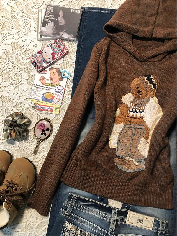 American retro brown bear embroidered hooded sweater - Image 4
