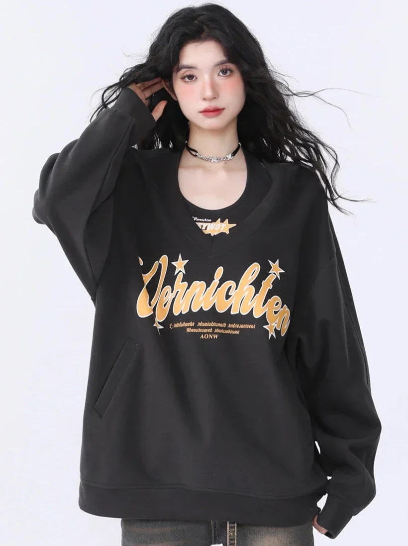 American Retro Casual Loose Two Piece Letter Print Sweatshirt - Image 2