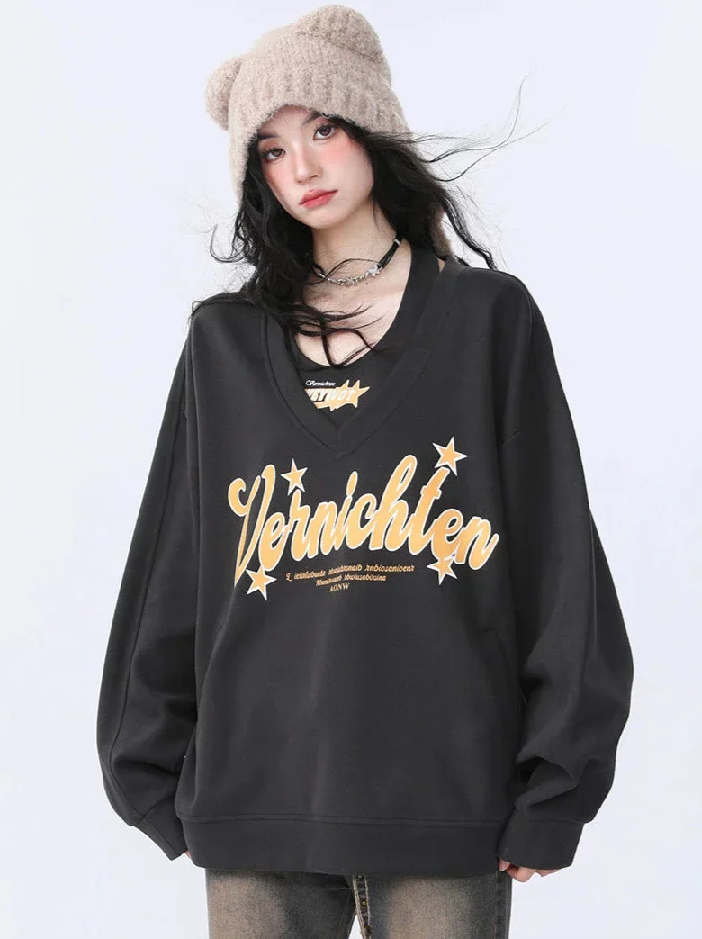 American Retro Casual Loose Two Piece Letter Print Sweatshirt - Image 3