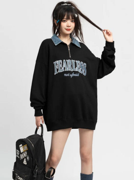 American Retro Denim Polo Collar Sweatshirt - Image 5