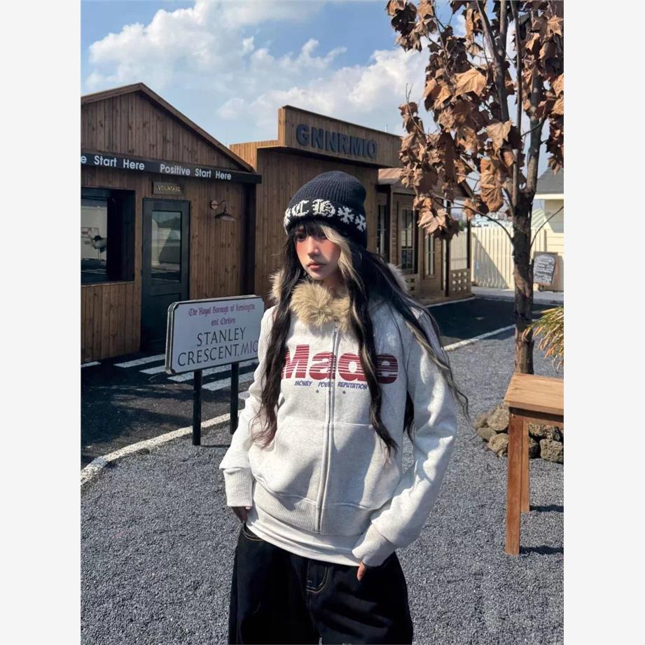 American retro fur collar hooded sweatshirt - Image 2