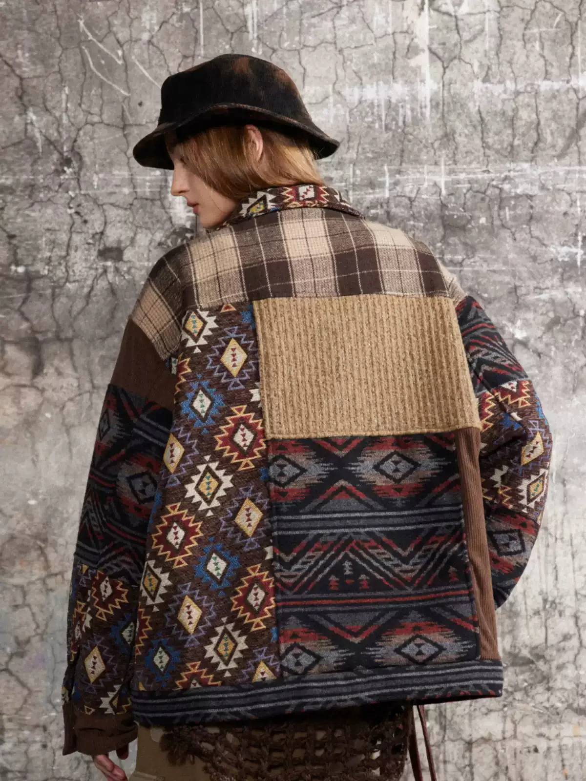 American retro multi-material stitching contrasting lapel jacket - Image 2