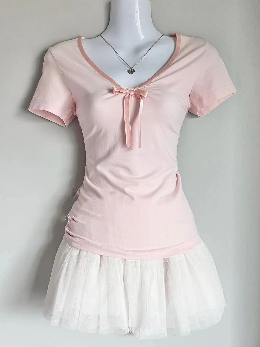 retro vintage pink bow short sleeves - Image 4