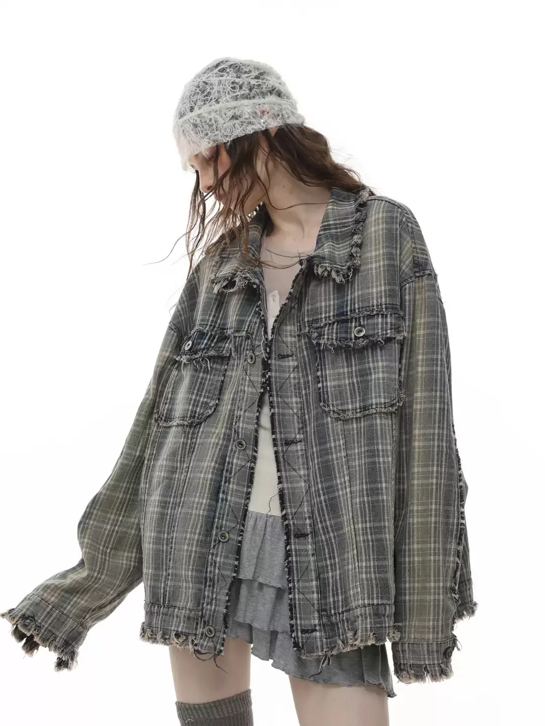 American retro washed tassel raw edge plaid jacket - Image 3