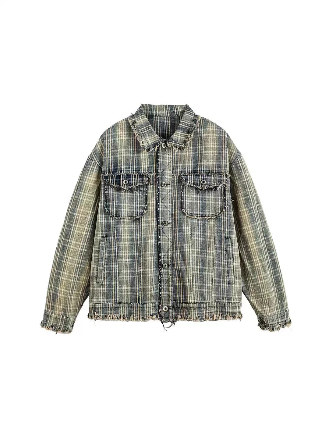 American retro washed tassel raw edge plaid jacket - Image 4