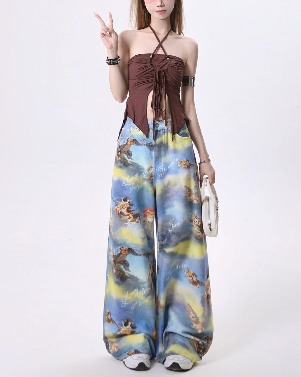 Angel Cat Print Wide-Leg Pants - Image 4