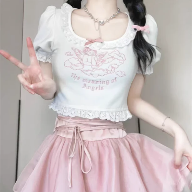 Angel lace sweet embroidered T-shirt - Image 2
