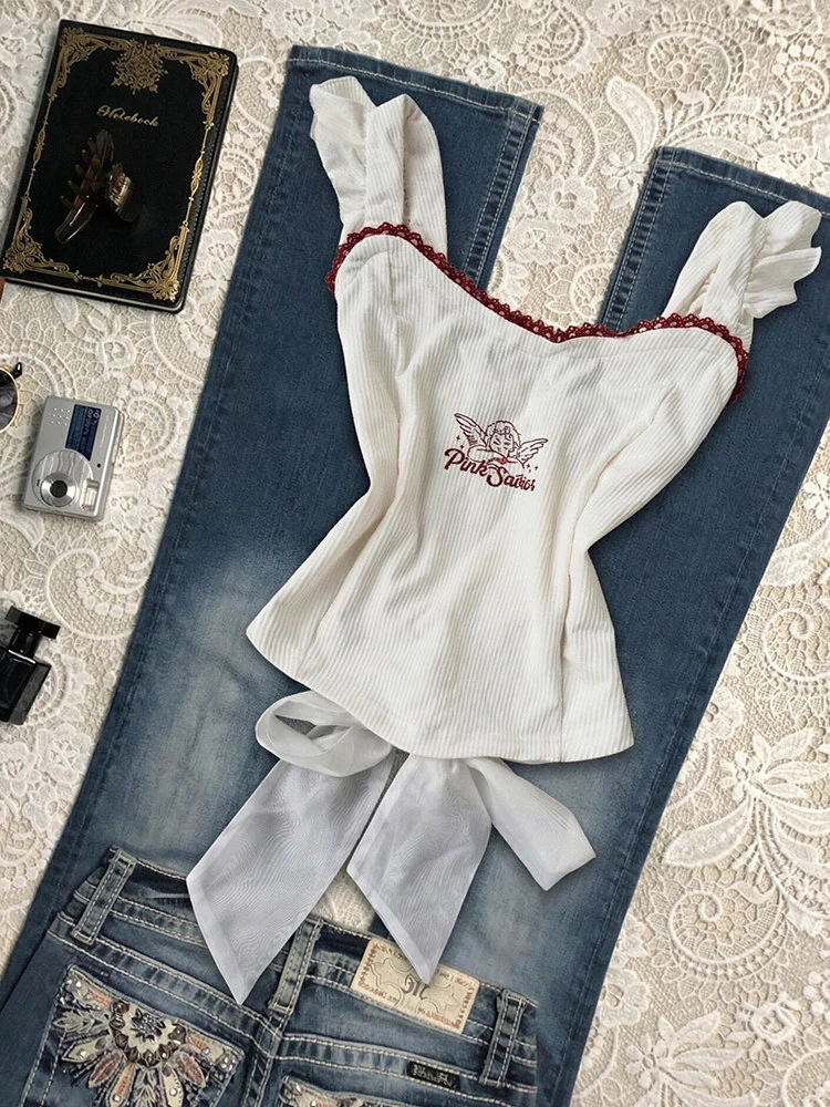 angel red lace white tank top - Image 5