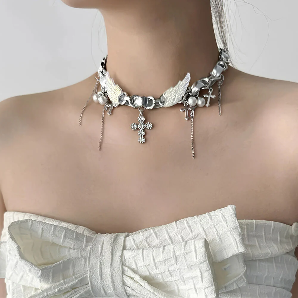 Angel Wings Cross Choker Necklace - Image 2