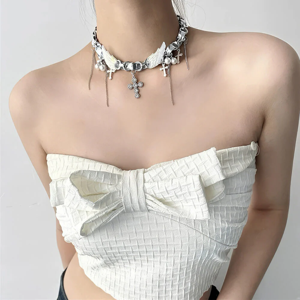 Angel Wings Cross Choker Necklace - Image 4