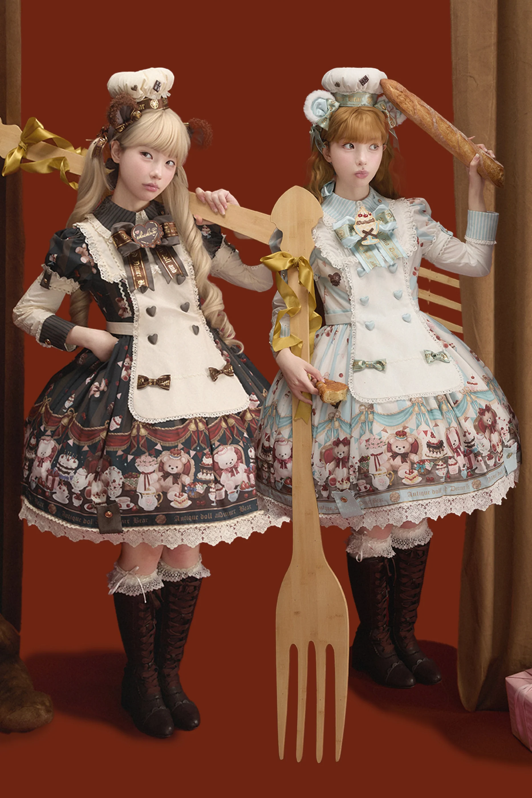 Antique Bear Chef Lolita Dress + Apron + Sleeves + Headband + Brooch + Hair Clip + Hat
