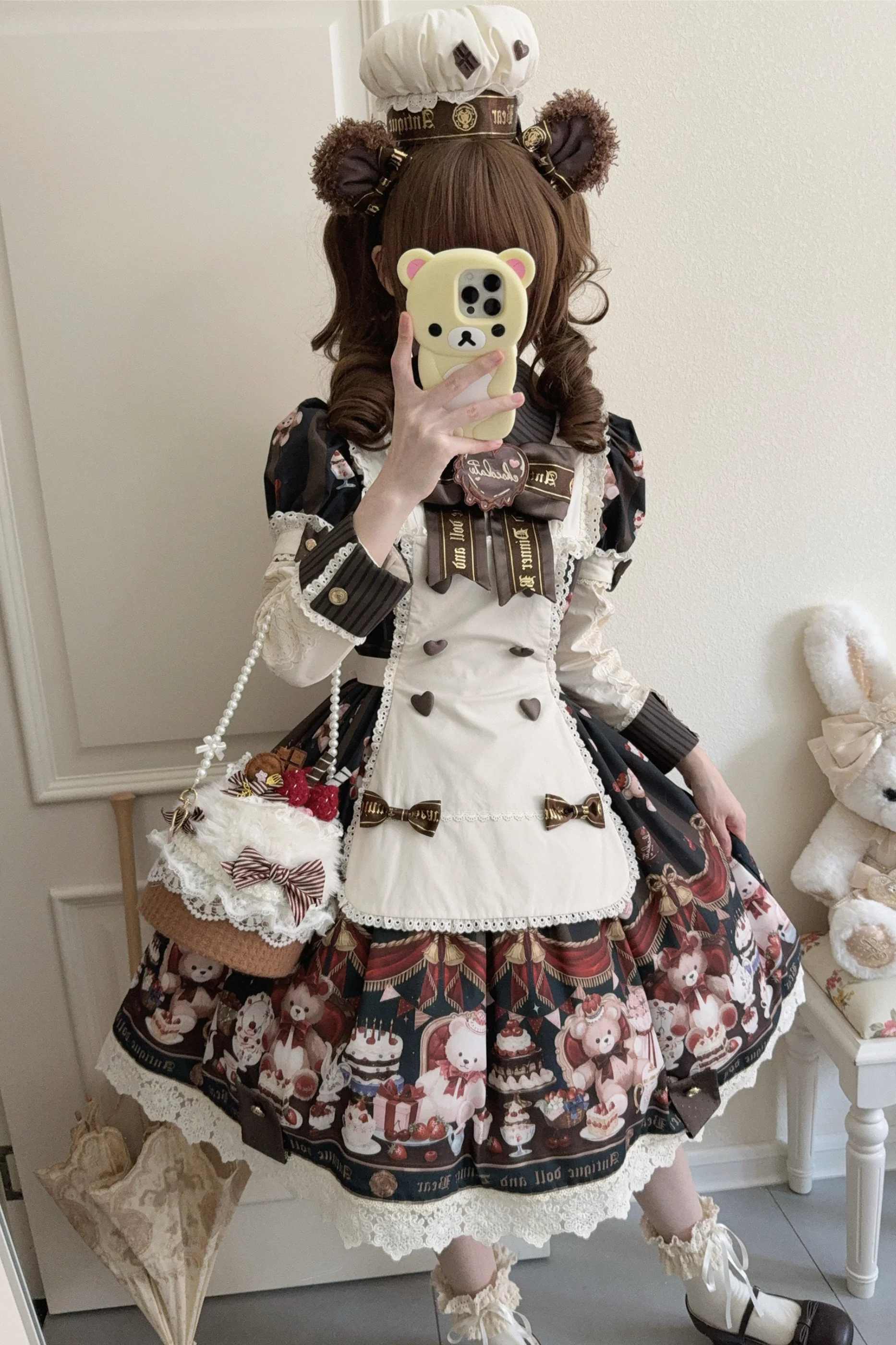 Antique Bear Chef Lolita Dress + Apron + Sleeves + Headband + Brooch + Hair Clip + Hat - Image 10
