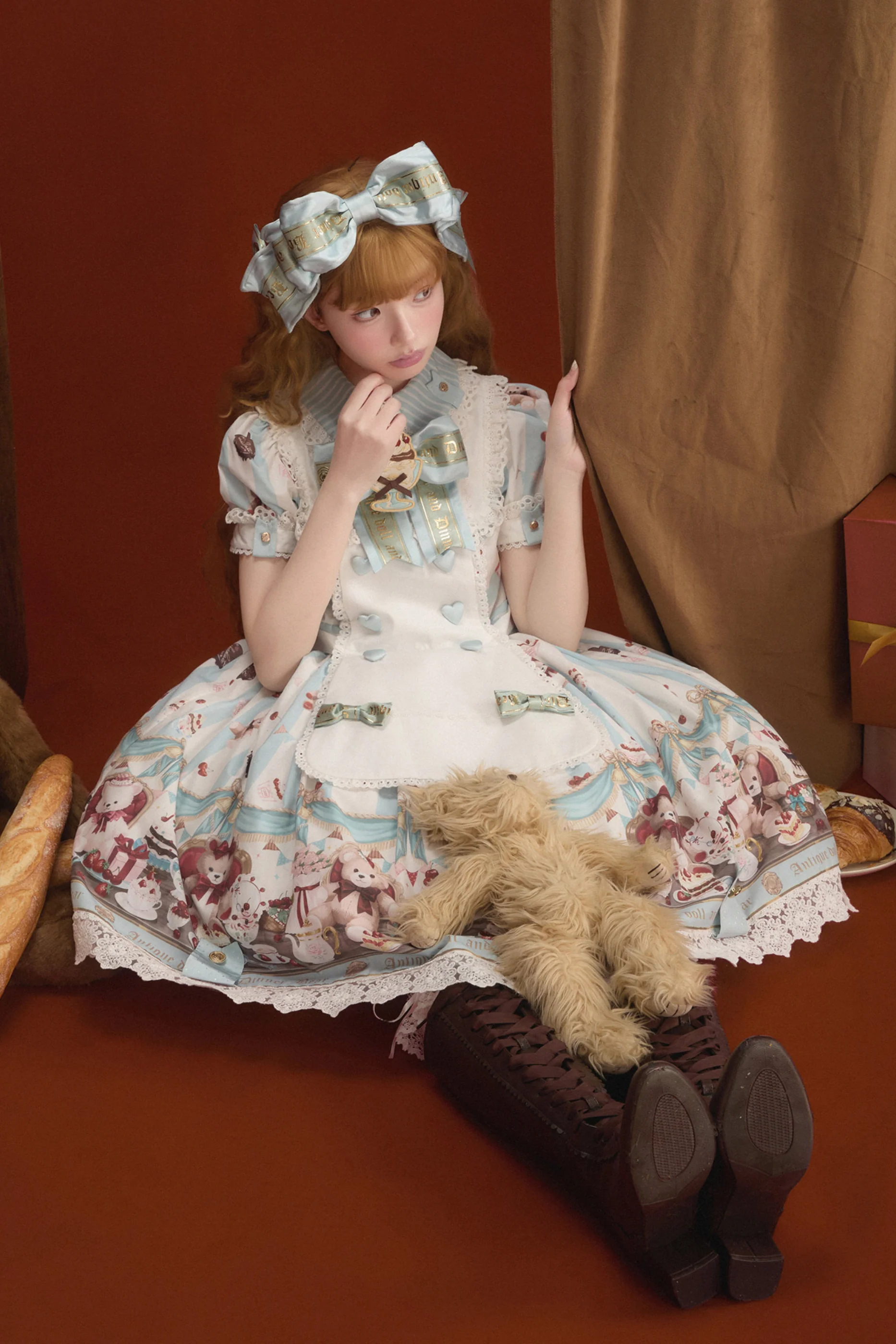 Antique Bear Chef Lolita Dress + Apron + Sleeves + Headband + Brooch + Hair Clip + Hat - Image 12
