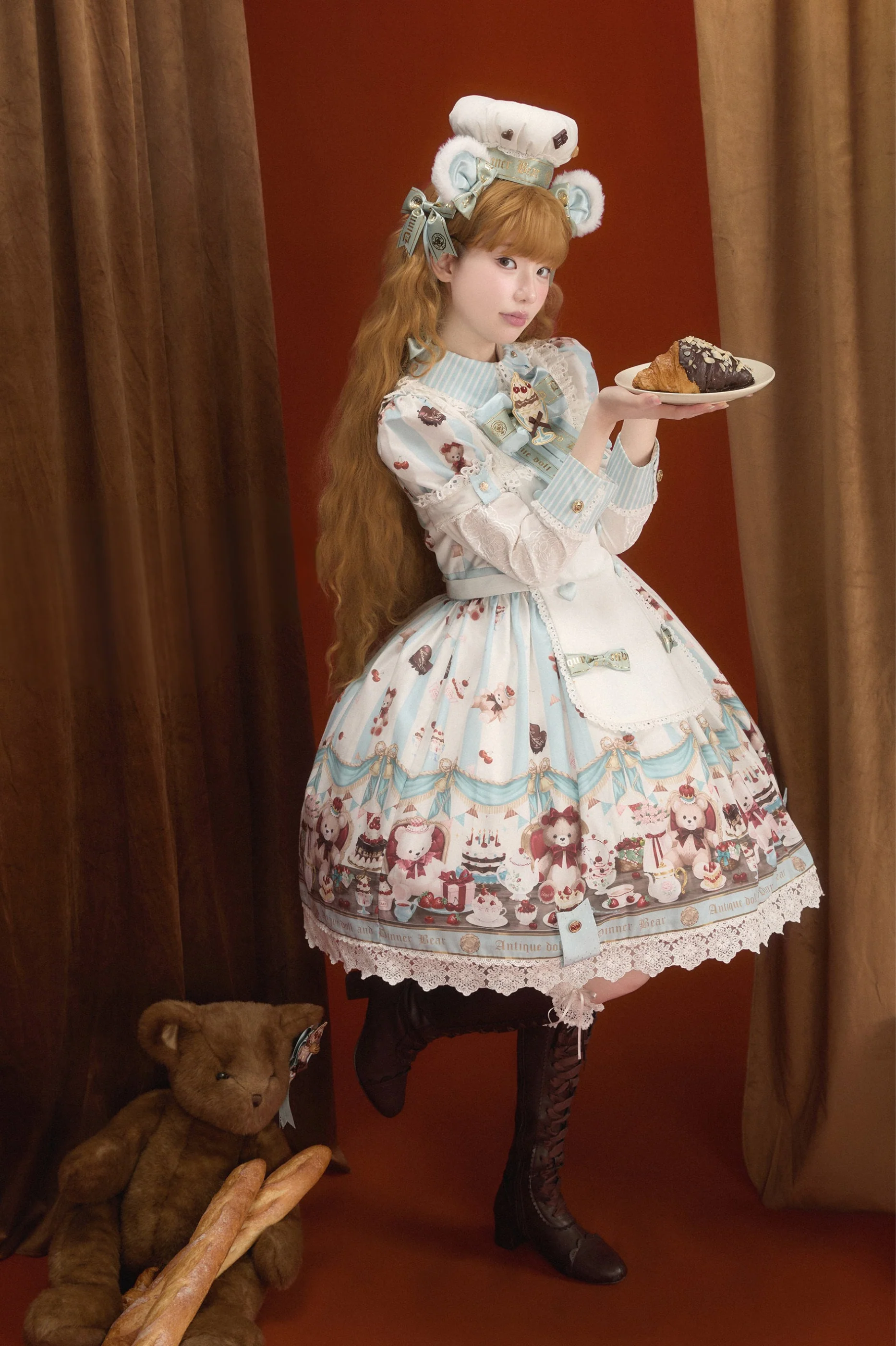 Antique Bear Chef Lolita Dress + Apron + Sleeves + Headband + Brooch + Hair Clip + Hat - Image 13