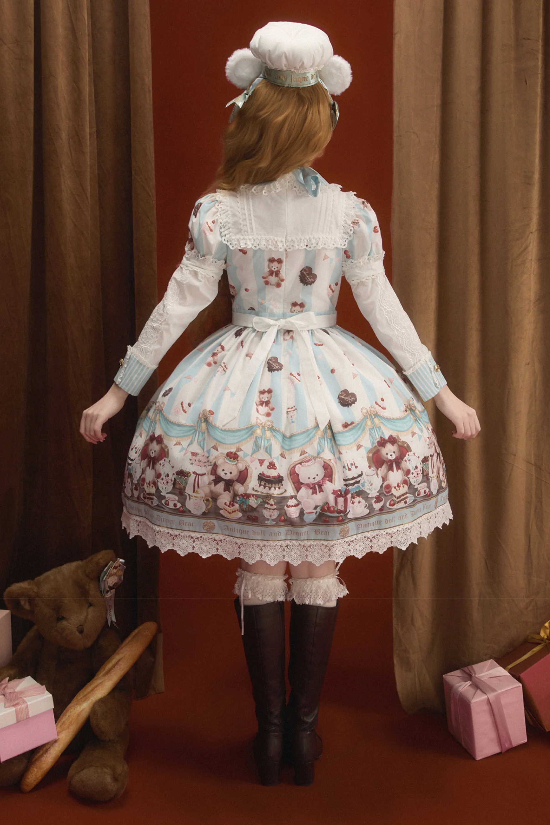 Antique Bear Chef Lolita Dress + Apron + Sleeves + Headband + Brooch + Hair Clip + Hat - Image 15