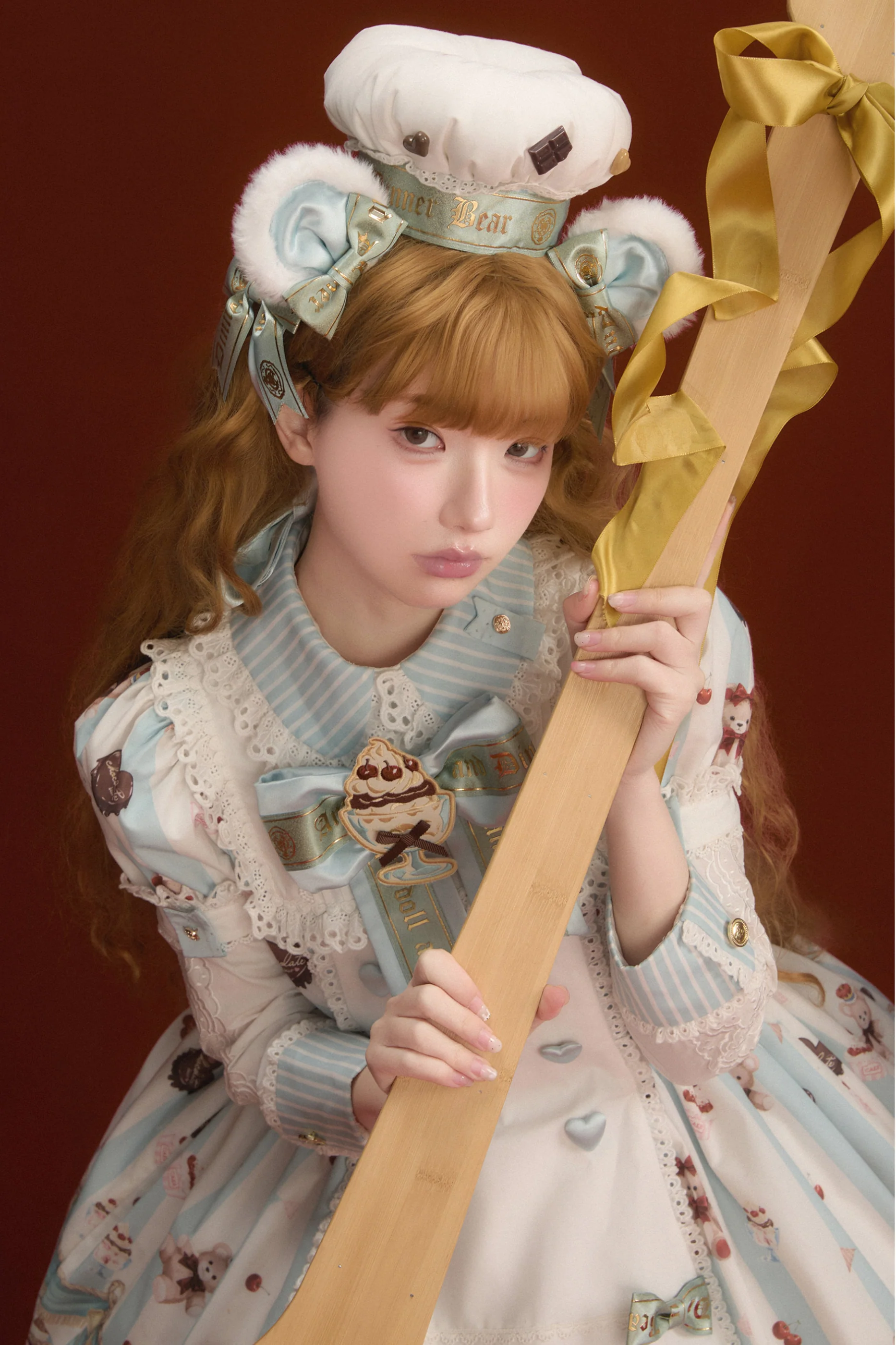 Antique Bear Chef Lolita Dress + Apron + Sleeves + Headband + Brooch + Hair Clip + Hat - Image 17