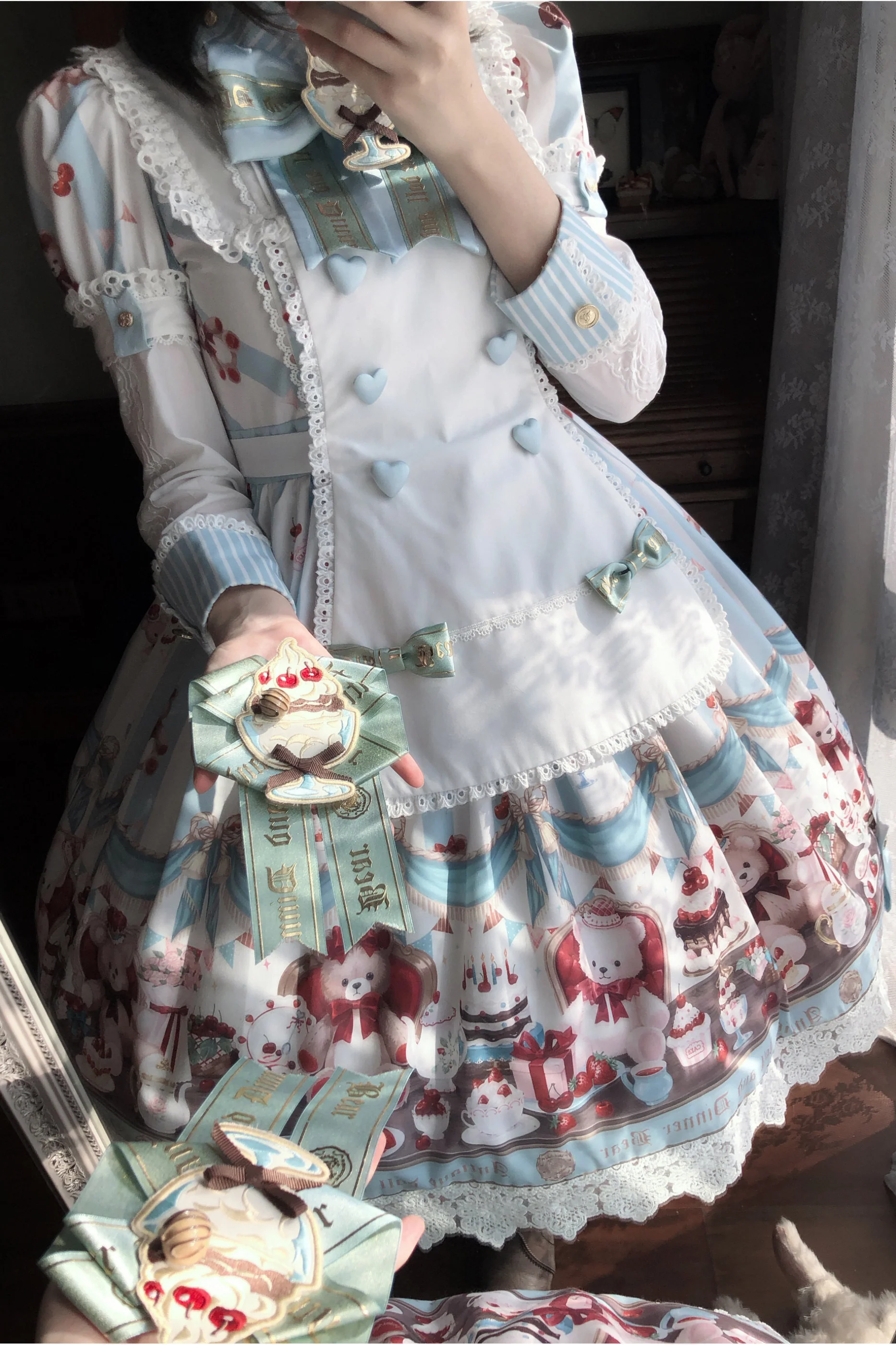 Antique Bear Chef Lolita Dress + Apron + Sleeves + Headband + Brooch + Hair Clip + Hat - Image 19