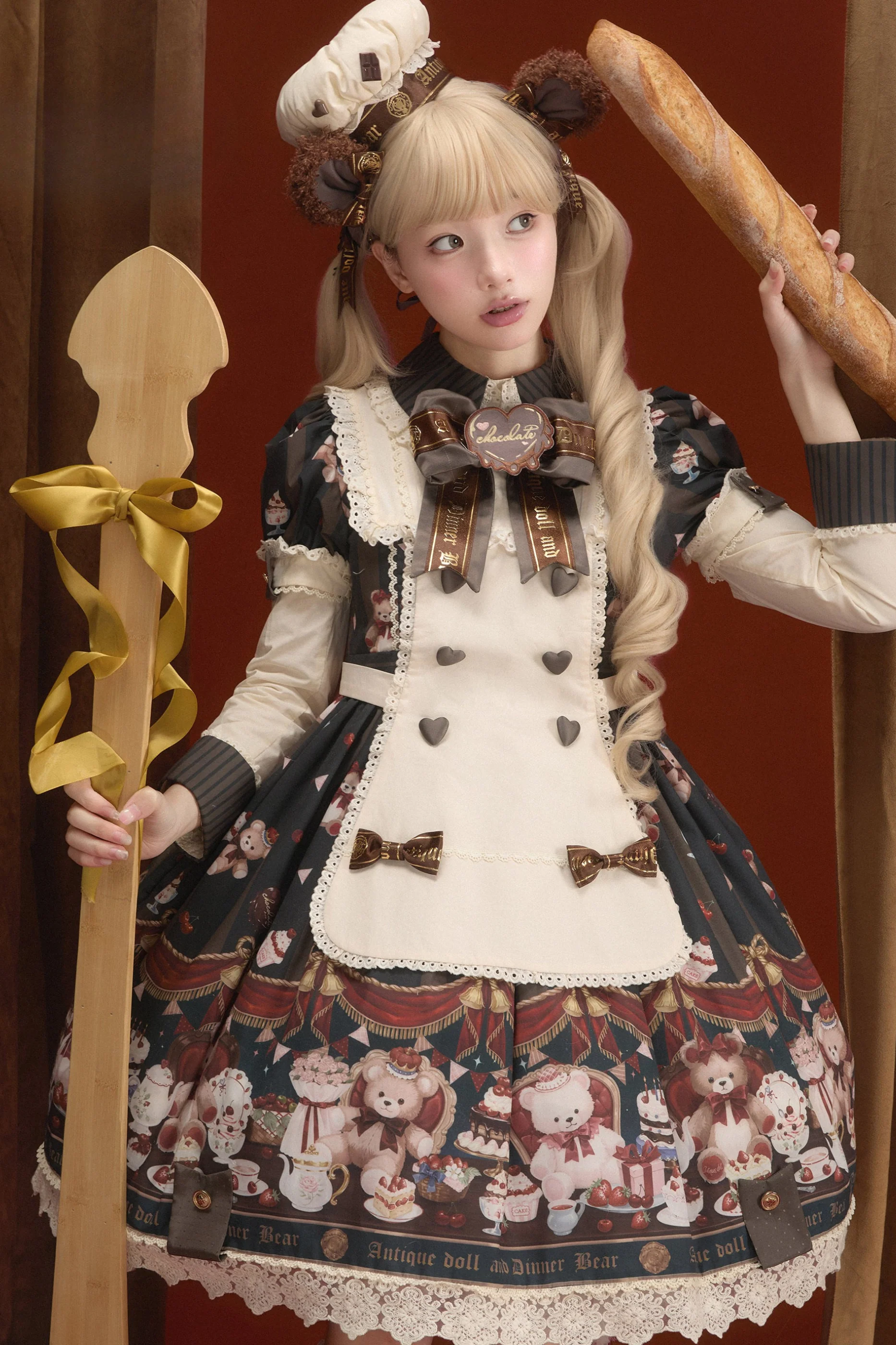 Antique Bear Chef Lolita Dress + Apron + Sleeves + Headband + Brooch + Hair Clip + Hat - Image 2