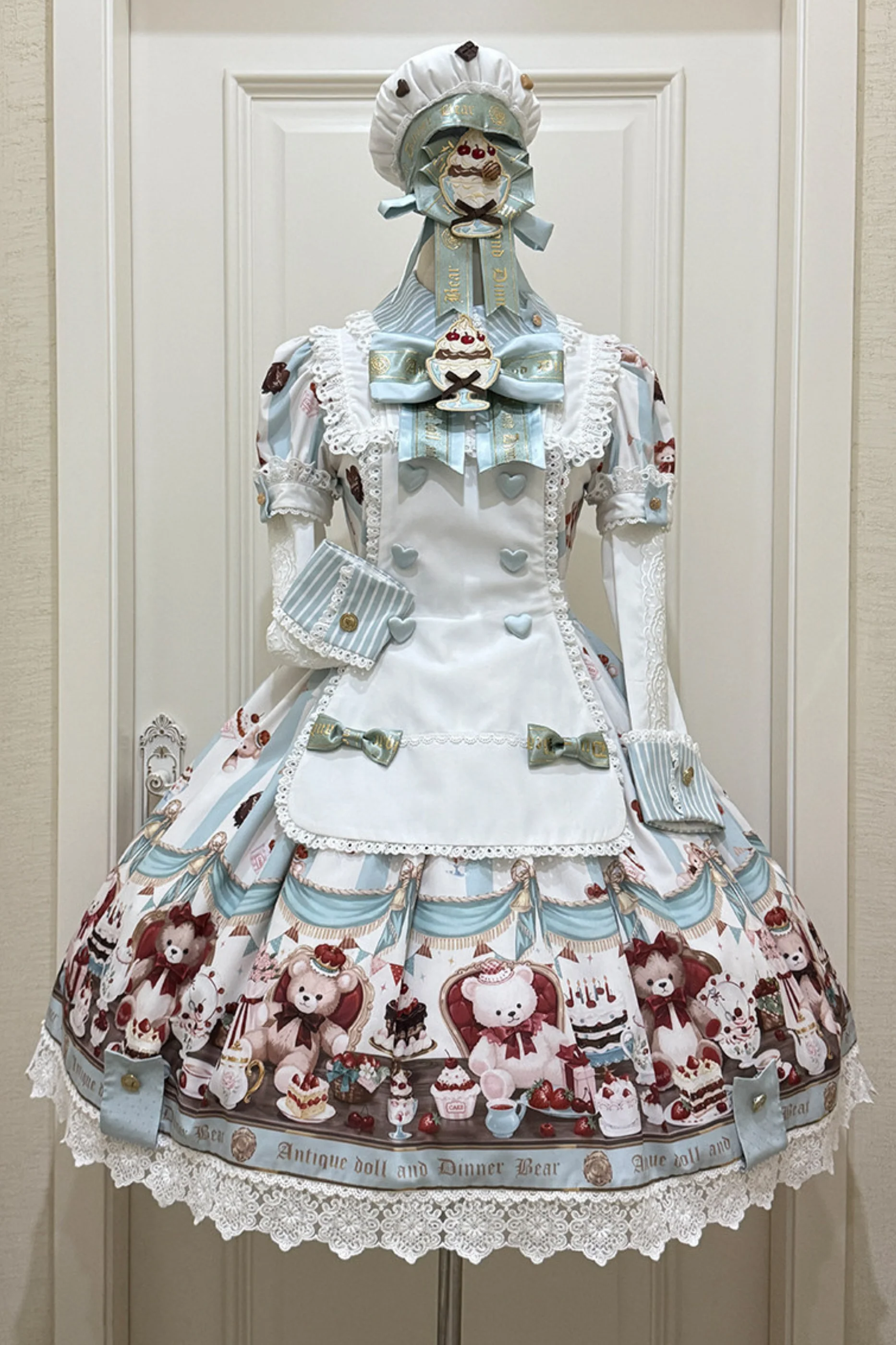 Antique Bear Chef Lolita Dress + Apron + Sleeves + Headband + Brooch + Hair Clip + Hat - Image 22