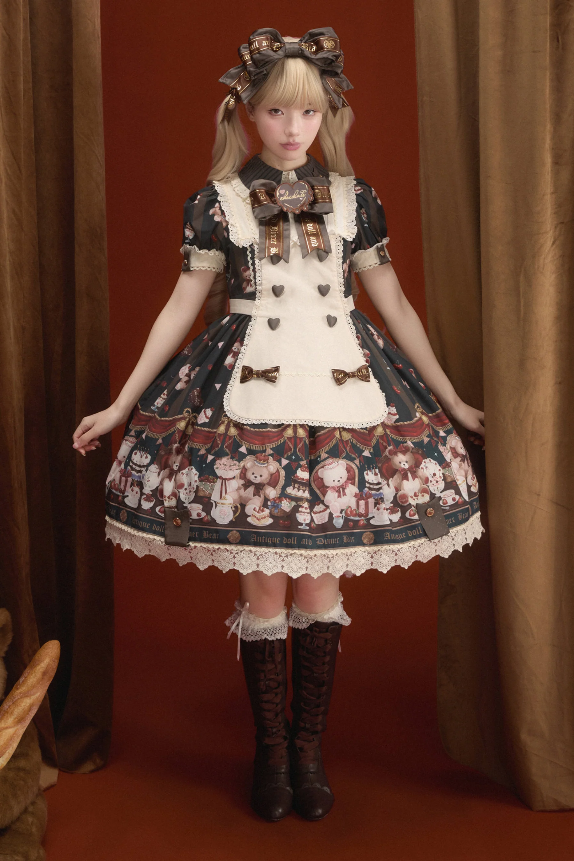 Antique Bear Chef Lolita Dress + Apron + Sleeves + Headband + Brooch + Hair Clip + Hat - Image 39
