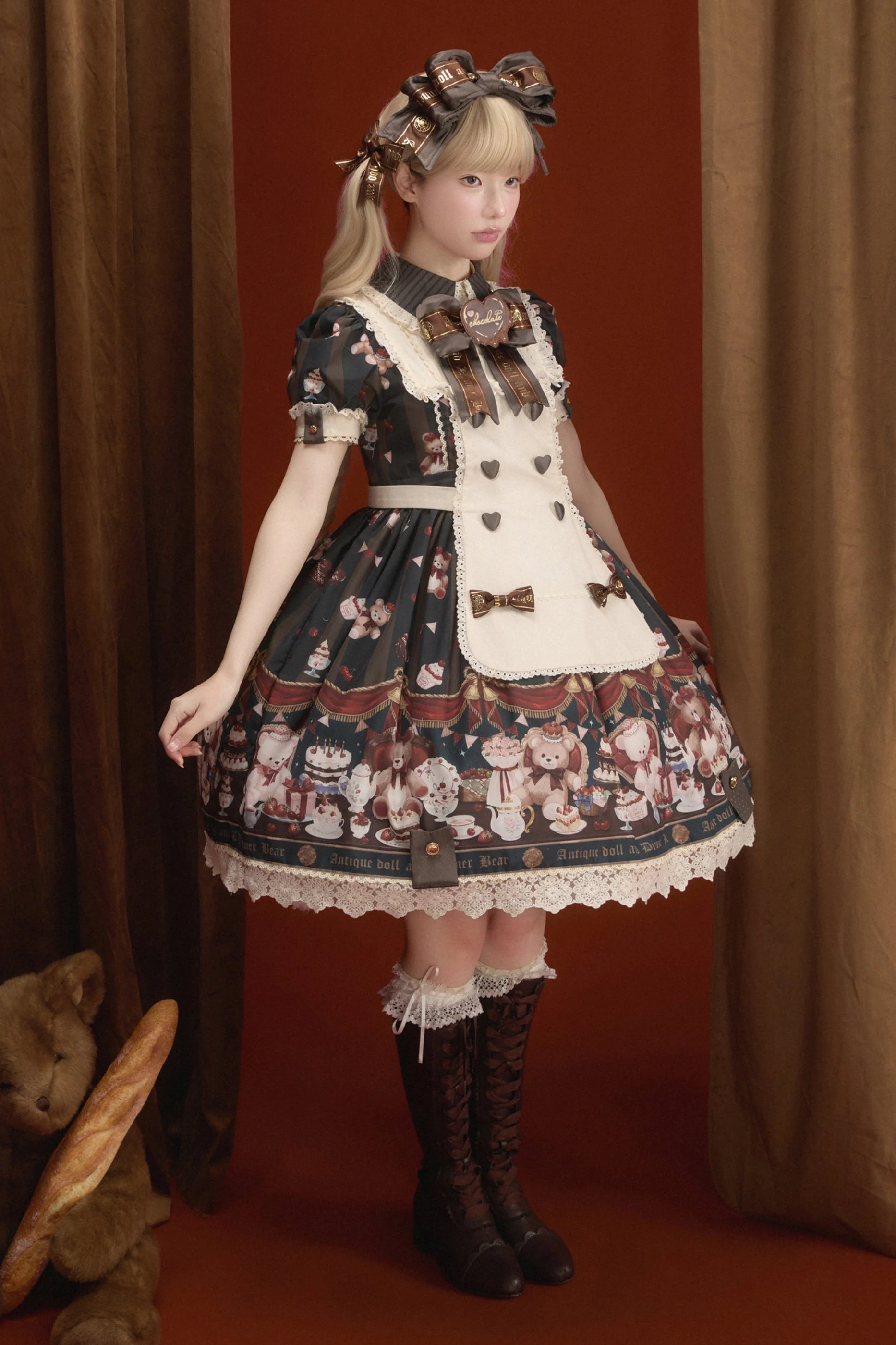 Antique Bear Chef Lolita Dress + Apron + Sleeves + Headband + Brooch + Hair Clip + Hat - Image 5