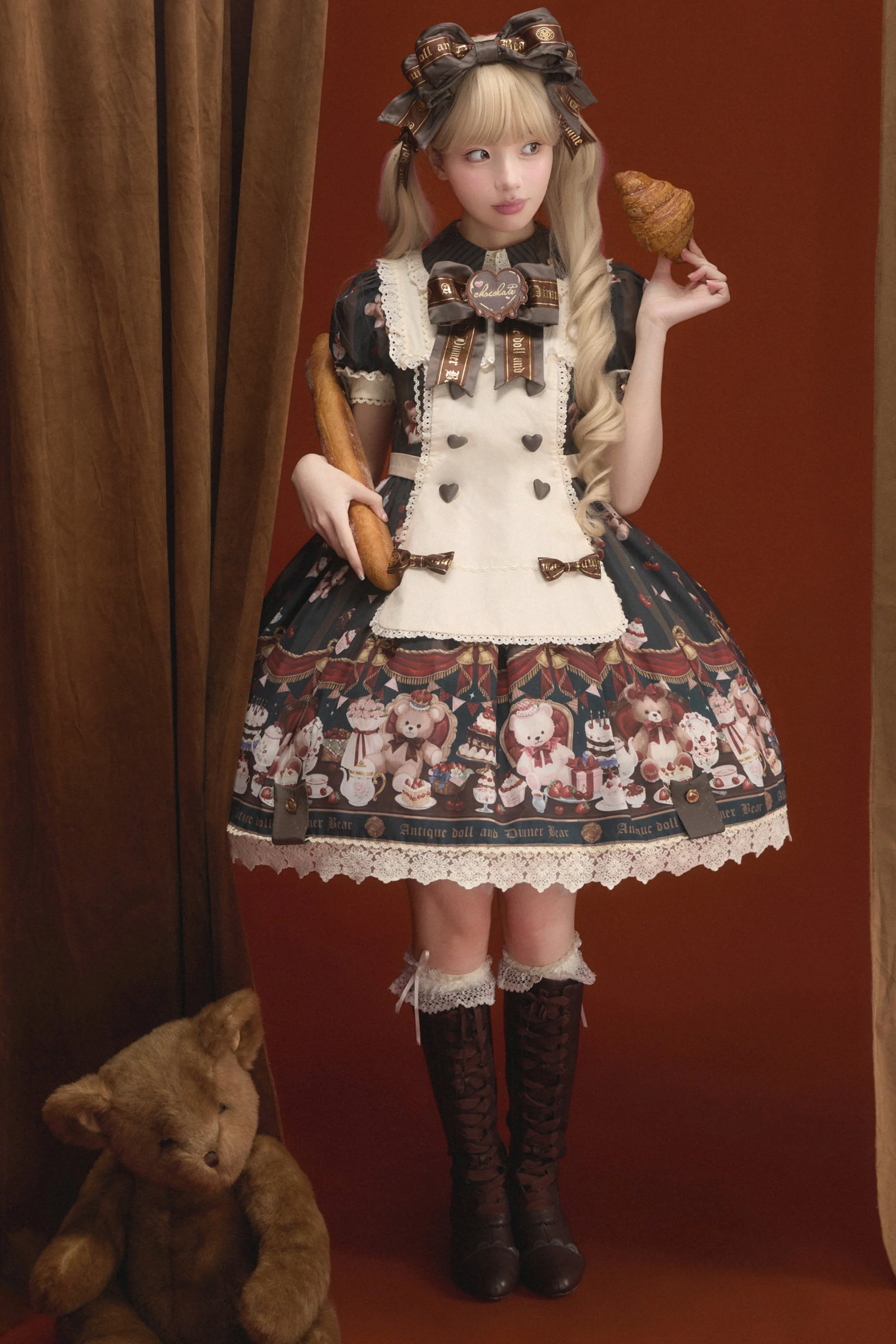 Antique Bear Chef Lolita Dress + Apron + Sleeves + Headband + Brooch + Hair Clip + Hat - Image 6