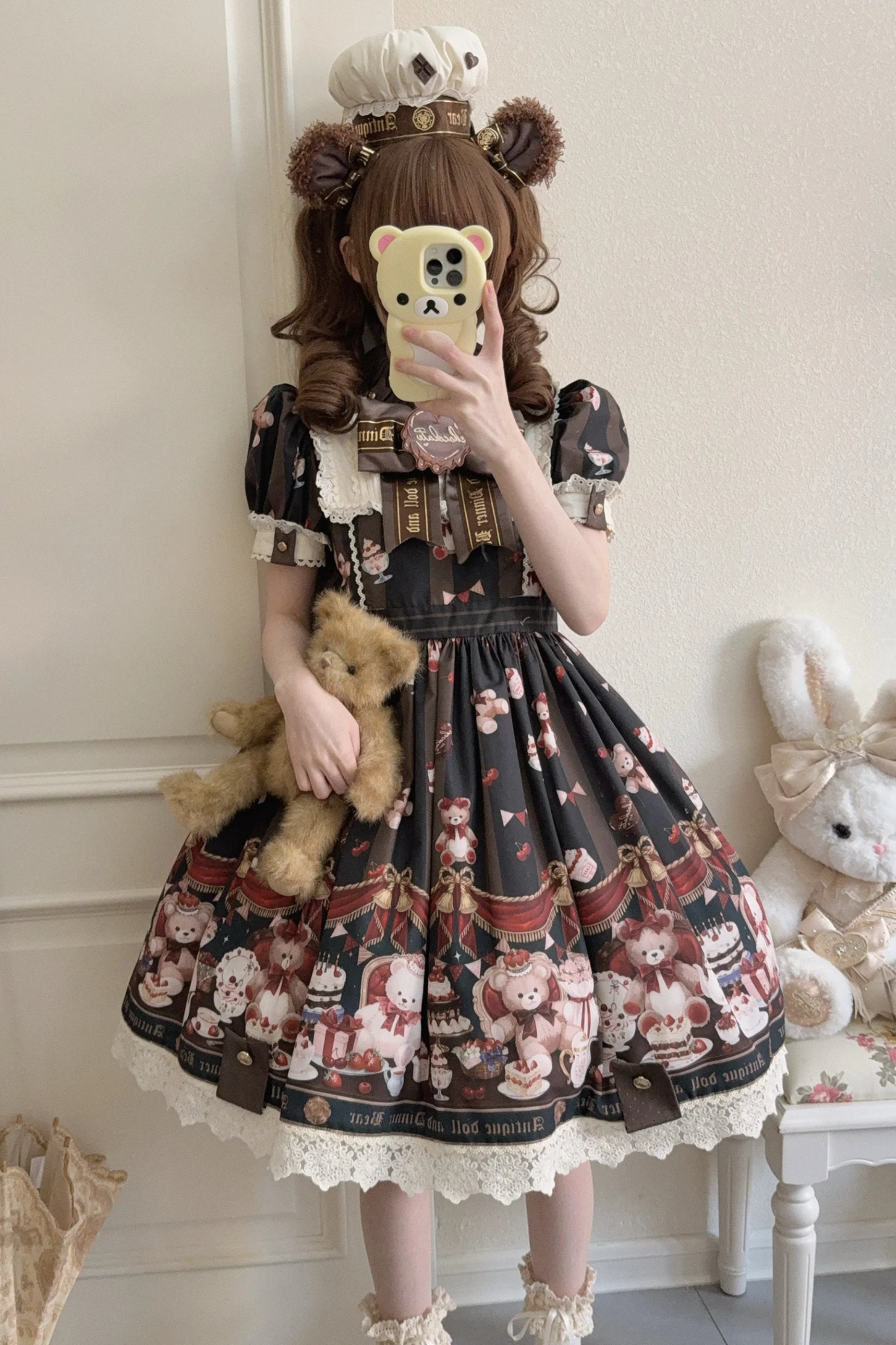 Antique Bear Chef Lolita Dress + Apron + Sleeves + Headband + Brooch + Hair Clip + Hat - Image 8