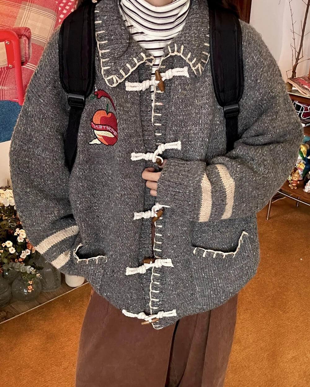 Apple Embroidery Grey Cardigan - Image 2