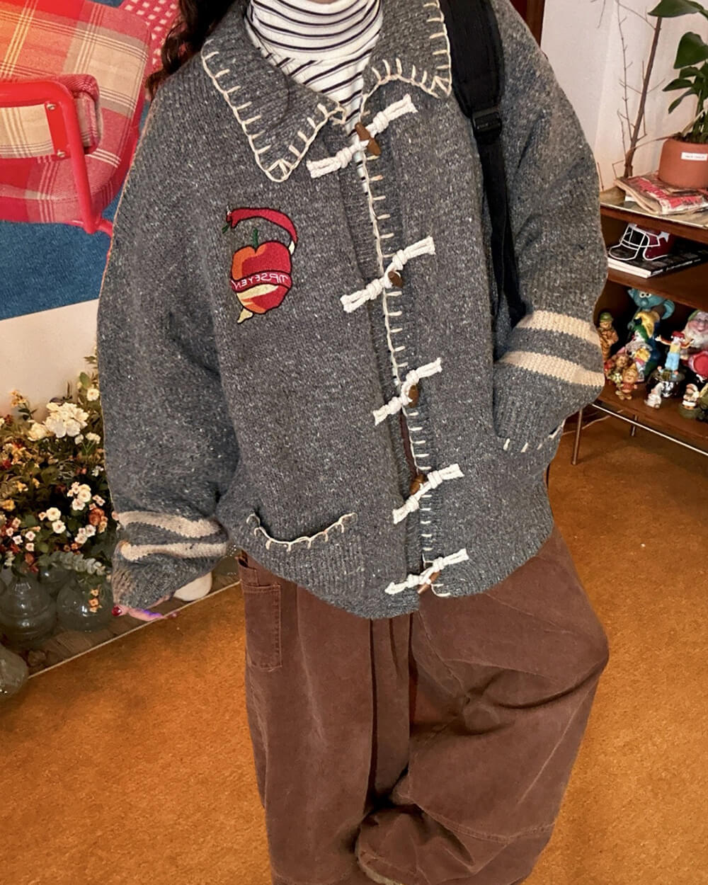 Apple Embroidery Grey Cardigan - Image 4