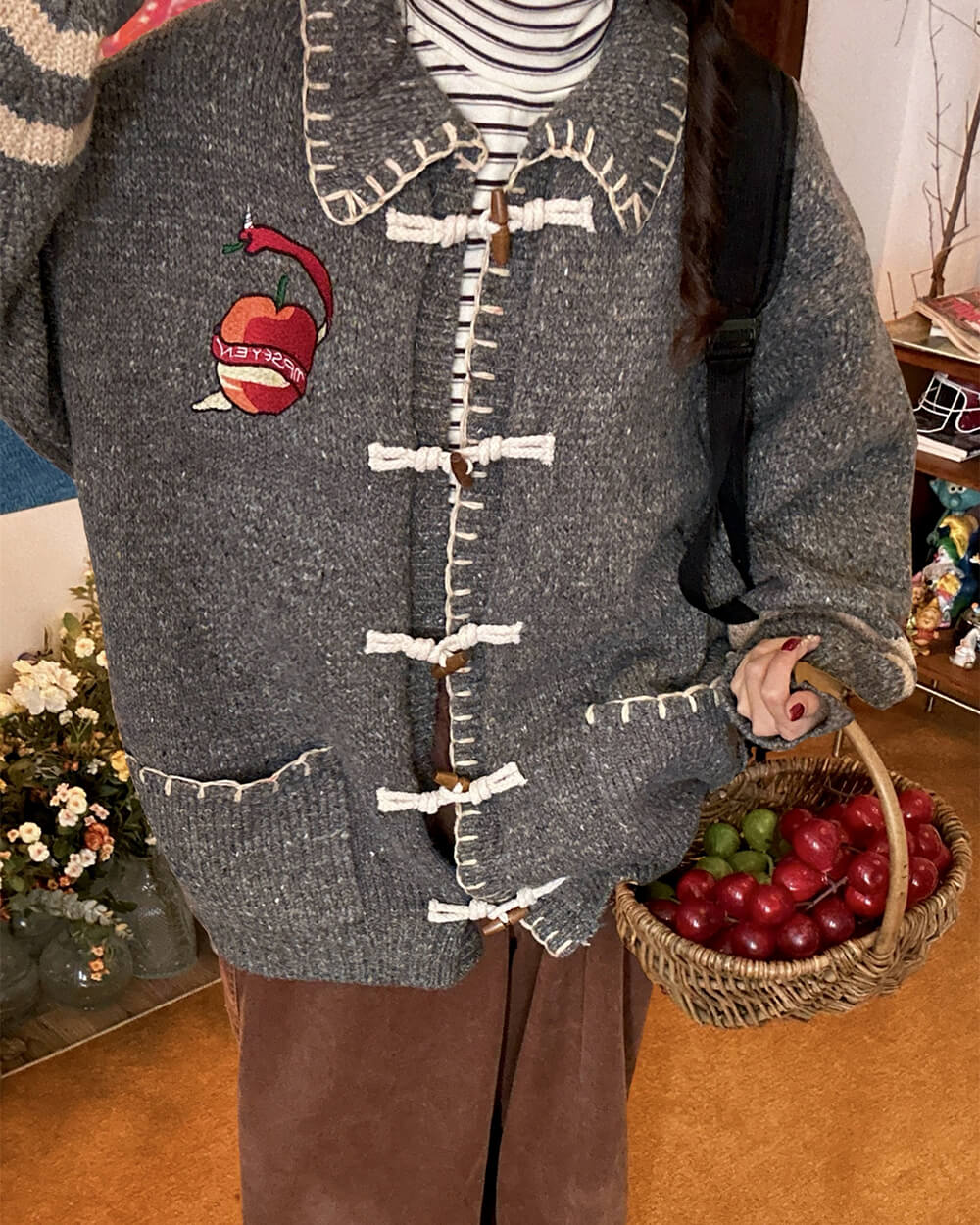 Apple Embroidery Grey Cardigan - Image 6