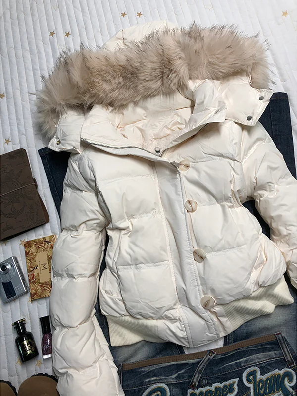 apricot fur collar hooded down jacket - Image 2