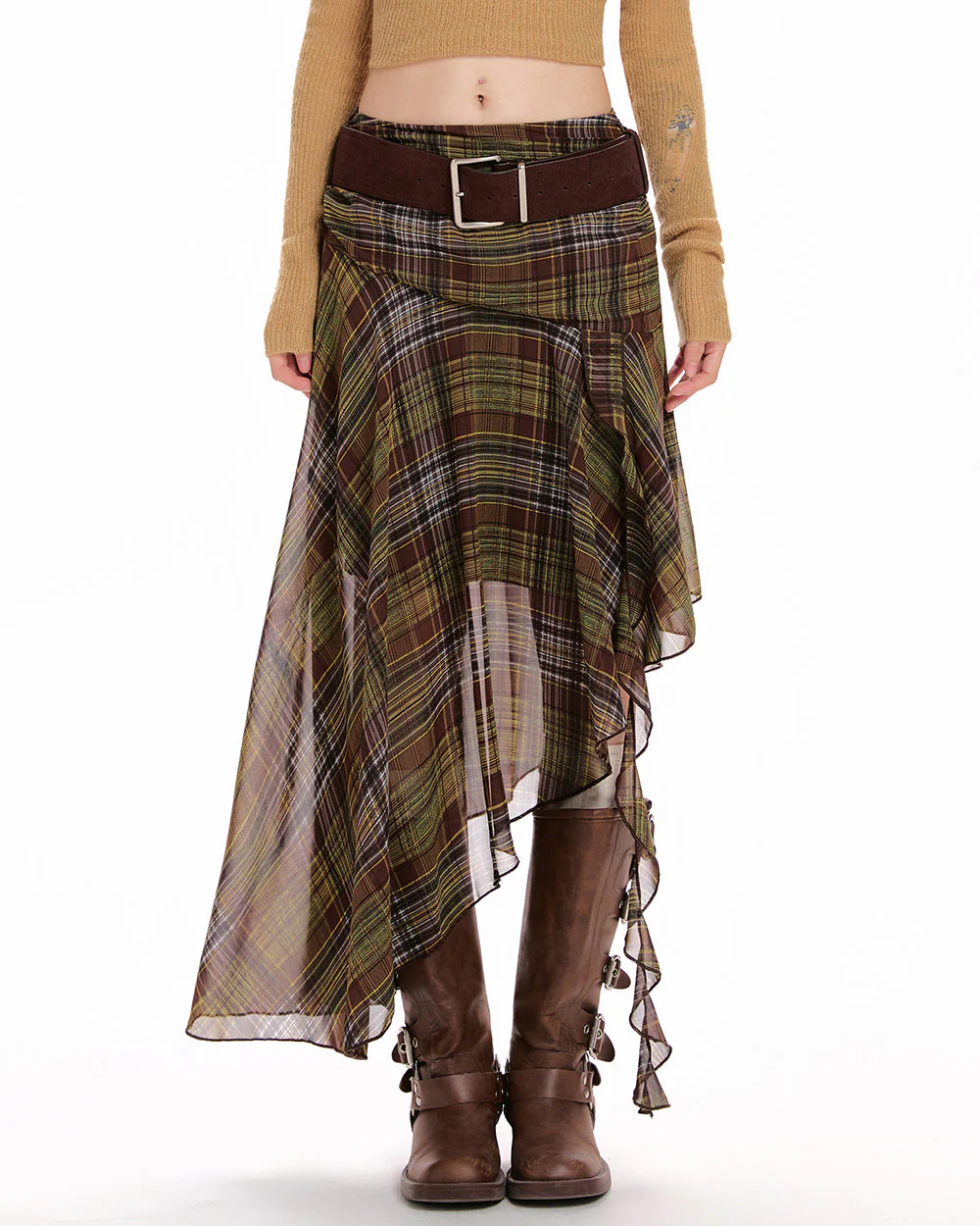 Asymmetrical Plaid Midi Skirt - Image 3