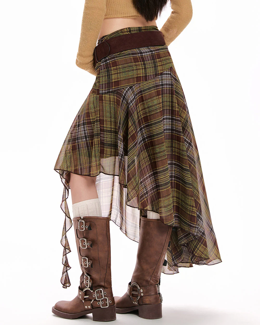 Asymmetrical Plaid Midi Skirt - Image 4